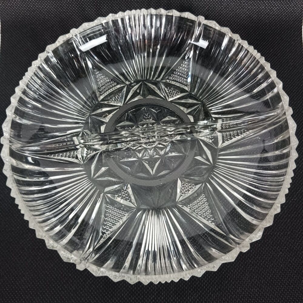 Vintage Clear Cut Glass Round Divided Dish - Relish, candy, condiments